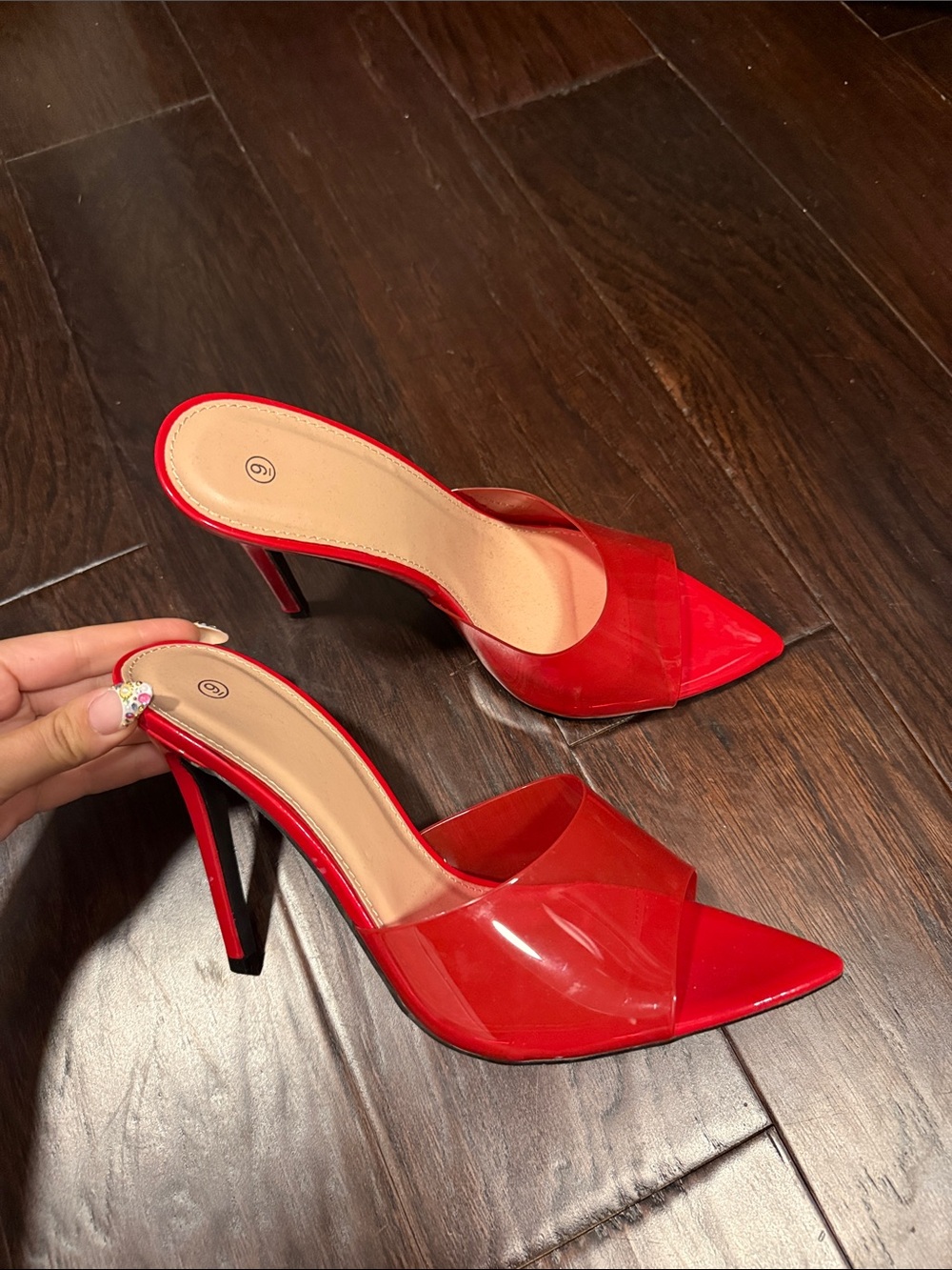 Red Pointed-Toe Clear Strap Stiletto Mules - Women's